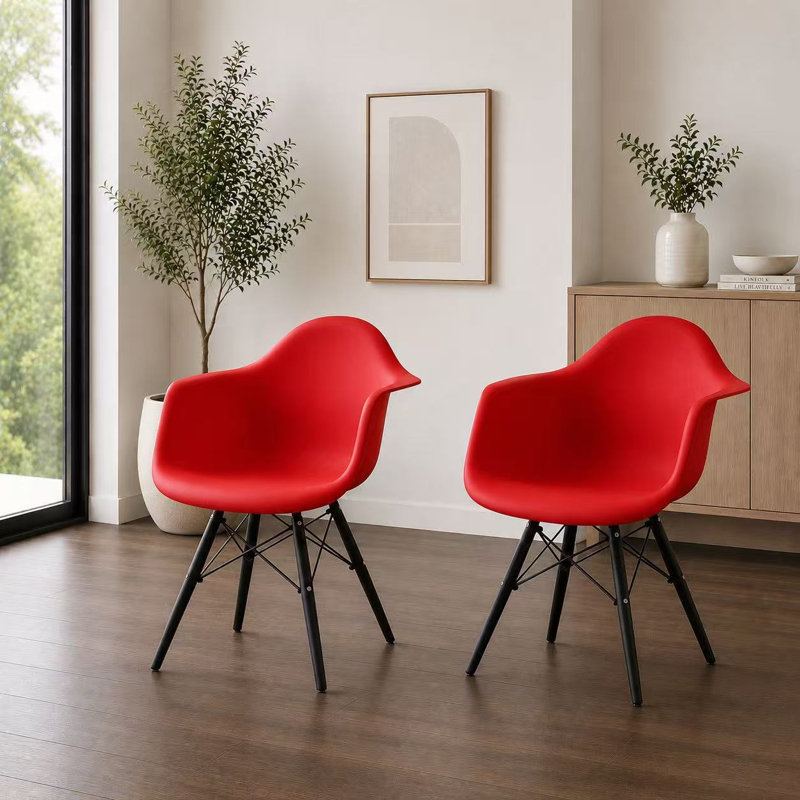 Hiebert Set Of 2 Plastic Seat Eiffel Black Wood Leg Dining Arm Chair, Bright Red, 2
