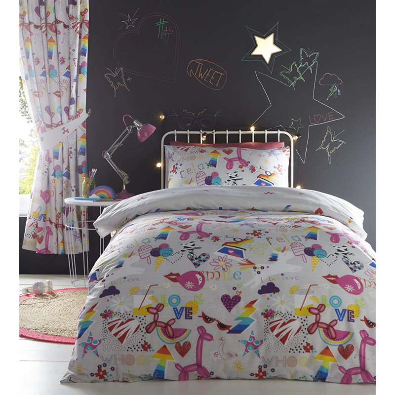 Nila White/Pink/Yellow/Blue 56 TC Reversible Duvet Cover Set, 135 x 200cm Duvet Cover + 1 Standard Pillowcase