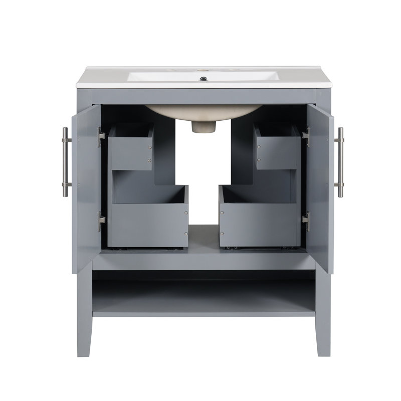 Meuble-lavabo 30 po avec lavabo, armoire de salle de bain multifonctionnelle avec portes et tiroirs, structure solide et panneau de fibres à densité moyenne