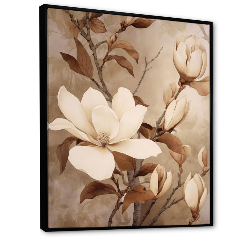 Blanc blanc brun Magnolias nature sérénité - art mural floral, H 32 po x l 16 po x P 1 po, Cadre flottant noir