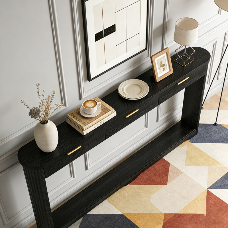 70.1" Wavy-Patterned Storage Console Table,Sofa Table, Black