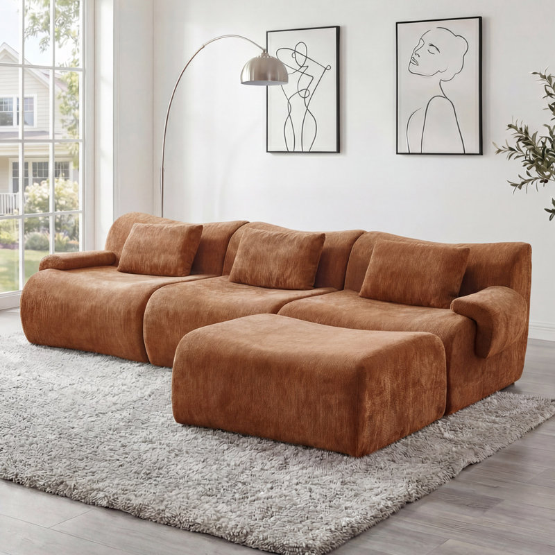 Canapé modulaire rembourré 4 pièces Boneless, Chenille orange