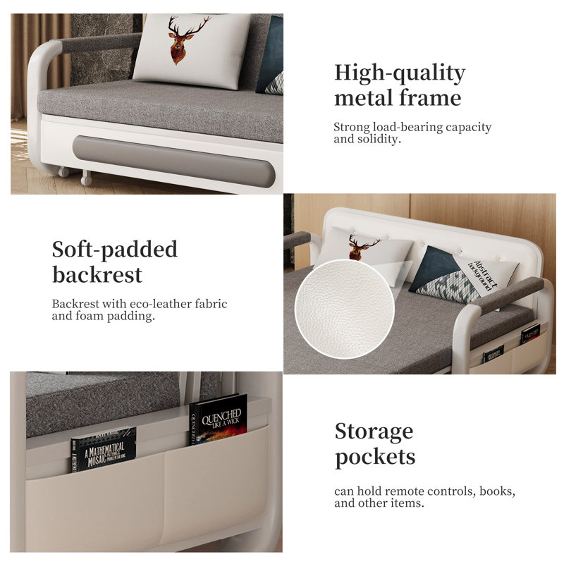 Convertible Sofa Bed with Storage, 3-in-1 Sleeper for Small Spaces, Grey Fabric & White Frame, Includes Latex Mattress Great for Living Rooms & Flats (1.58m Sizes)  Suitable for Living Room, Bedroom