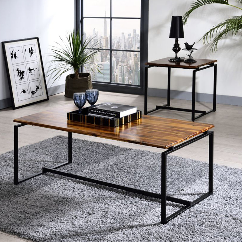 Table de bout rectangulaire 3 pièces en chêne et noir, plateau en bois massif de 18 mm avec base en métal thermolaqué