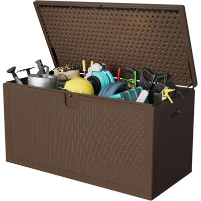 Premium Pro Edition 150 Gallon Lockable Resin Deck Box, Waterproof & UV-Resistant Outdoor Storage Box with Lockable Lid for Outdoor Cushion Storage, Garden Tools & Pool Accessories Storage, Brown