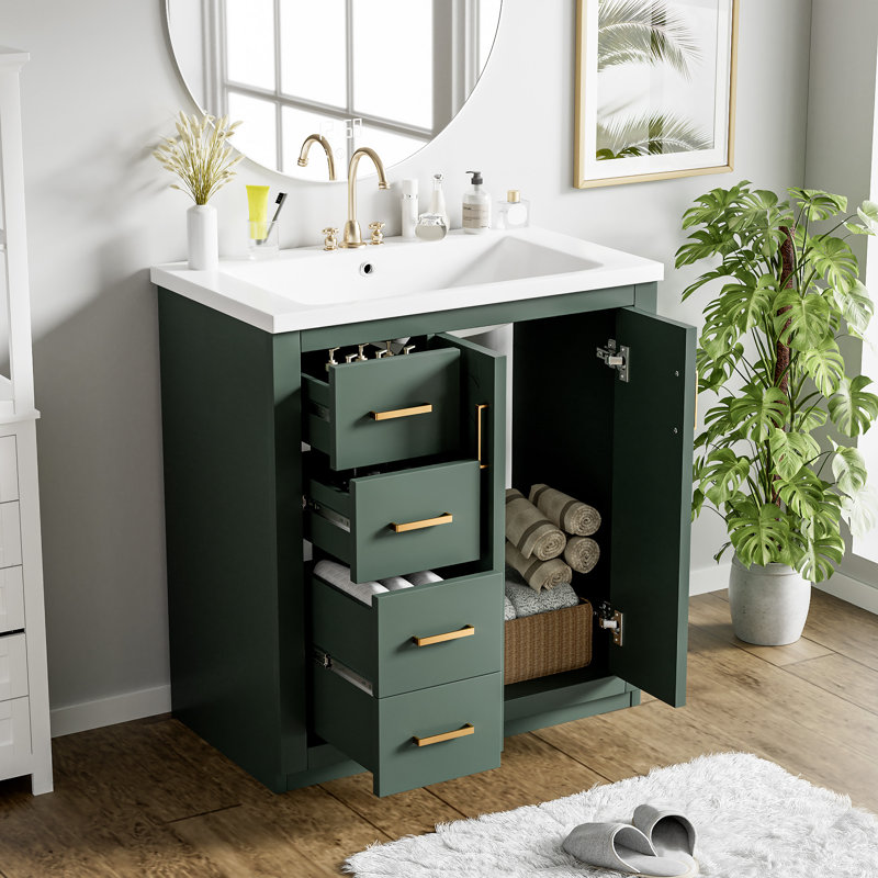 Ensemble de meuble-lavabo avec lavabo en céramique et 3 tiroirs, Vert