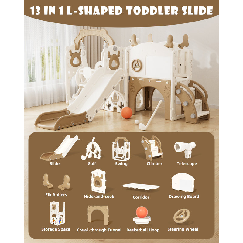 13 In 1 Kids Slide For Toddlers, Toddler Slide Playset With Swing, Golf, Drawing Board, Basketball Hoop And Storage Space