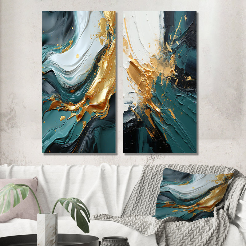 Or et vert cascade de marbre blanc IV - ensemble de 2 reproductions d'art mural abstrait, H 32 po x l 32 po