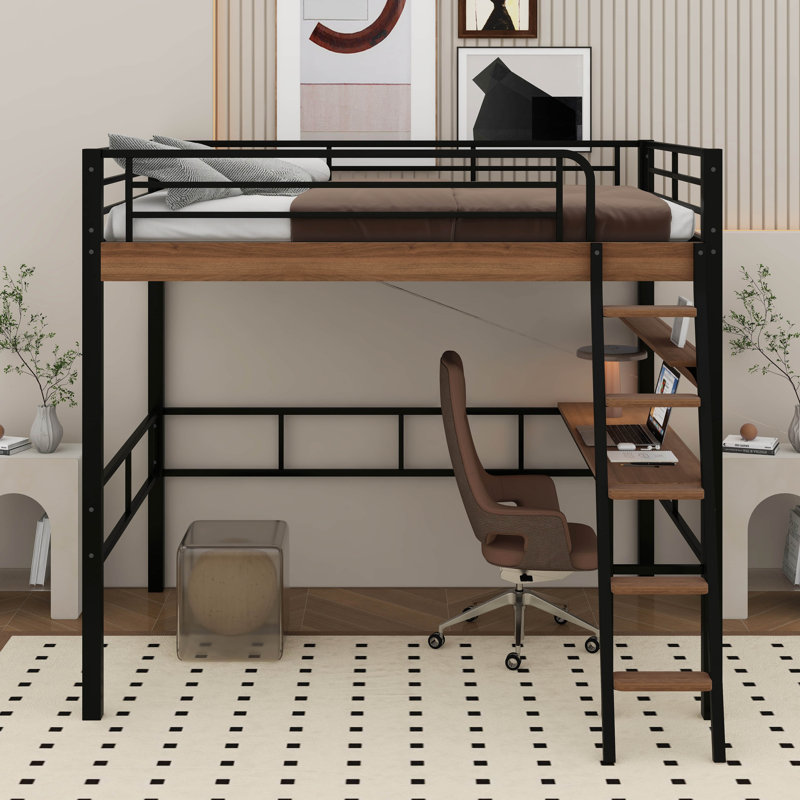 Lit mezzanine double en métal avec bureau intégré, tablette de rangement et échelle