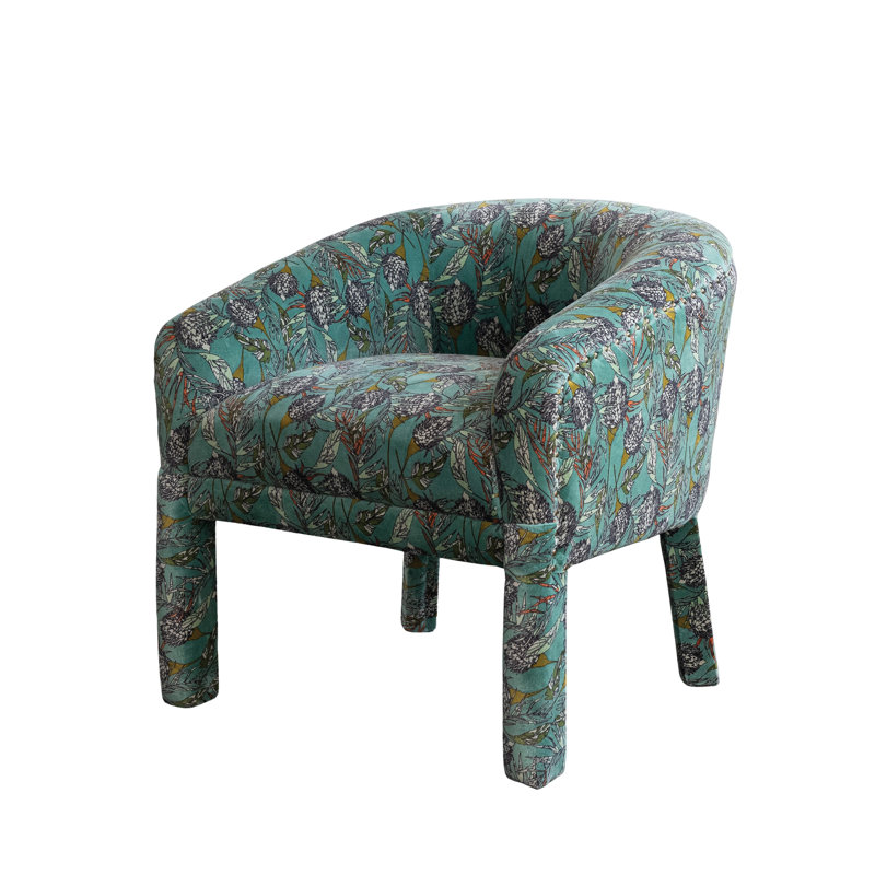 Chaise rembourrée en velours de coton avec imprimé botanique et structure en bois de manguier