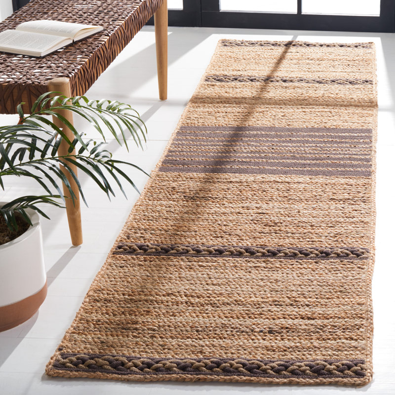 Tapis en jute / coton rayé brun en fibres naturelles Dequawn, Tapis de couloir 2 pi 3 po x 8 pi