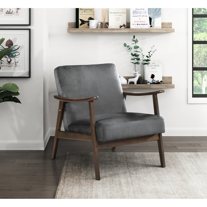 Chaise d'appoint Mid-Century moderne, bois de finition noyer foncé, revêtement en velours gris, conception luxueuse en mousse, velours, structure en bois massif