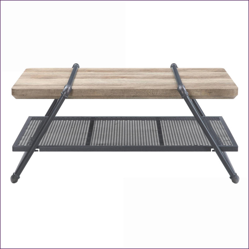 Table basse rustique en chêne et gris sable - Design robuste en bois-métal avec tablette en filet pour le salon