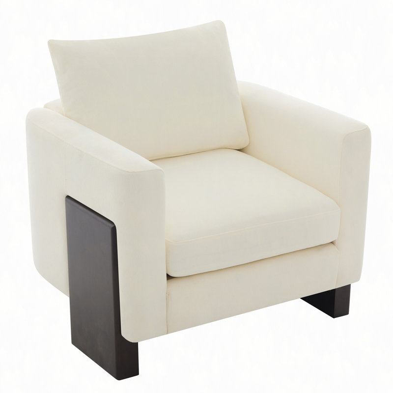 Fauteuil club d'appoint avec pieds en bois d'hévéa pour salon, chambre à coucher ou bureau, Beige Chenille