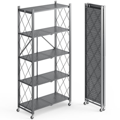 5-Tier Foldable Metal Shelving Unit With Lockable Wheels, No Assembly Required, Heavy Duty Rolling Storage Rack For Garage, Kitchen & Pantry