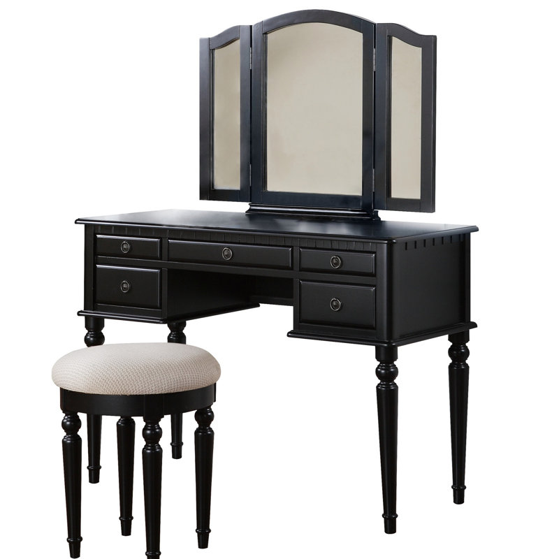 Bedroom Contemporary Vanity Set W Foldable Mirror Stool Drawers, Black