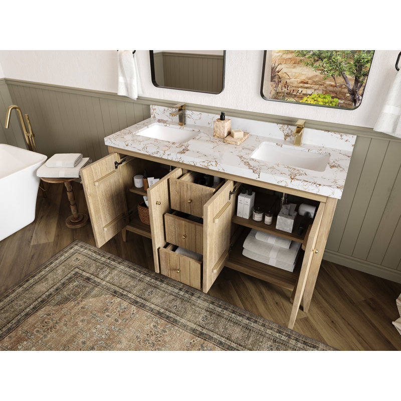 Teck d'Atlanta 60 po X P 22 po D Meuble-lavabo double en gris clair délavé avec quartz Cove Edge, Calacatta Laza