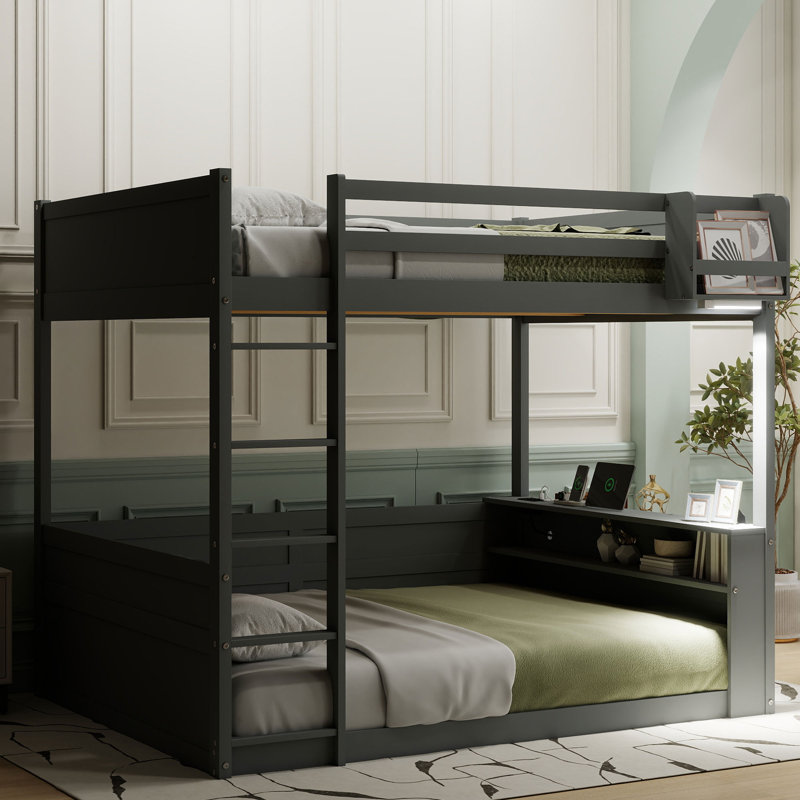 Grand lit superposé en bois avec tablettes et chargement USB, Gris