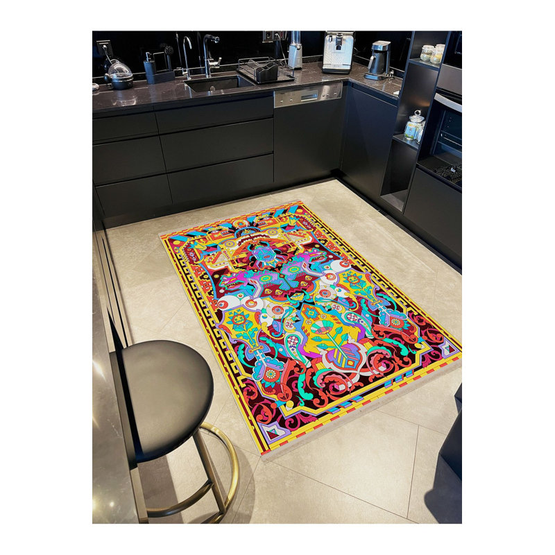 Tapis multicolore à motif géométrique tissé et lavable à la machine, Sous-tapis rectangulaire 5 pi 1 po x 7 pi 7 po inc