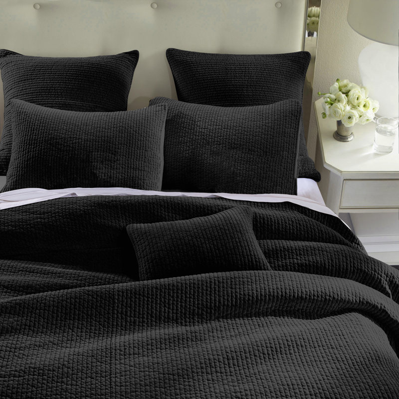 Stonewashed Cotton Velvet Modern Rustic Quilt Set, King Quilt  + 2 King Shams, Black