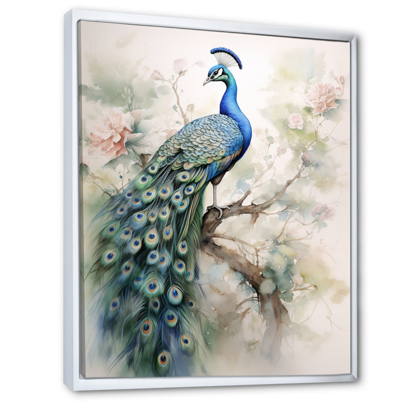 Baldassarre bleu encre délavée paon II - paon grand art mural, H 20 po x l 12 po, Cadre flottant blanc