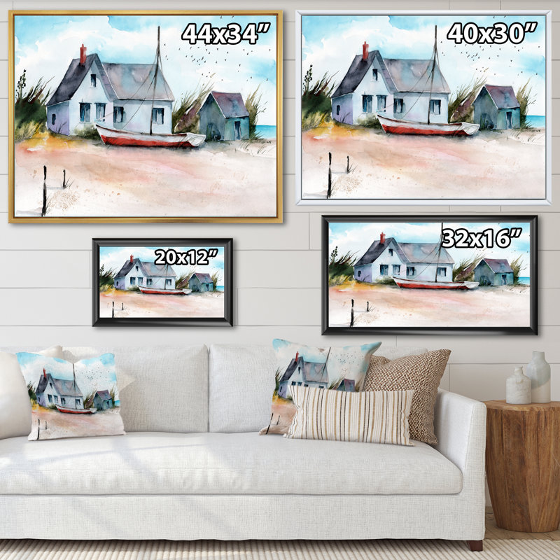 Maison et bateau sur une plage - Peinture sur toile, H 34 po x l 44 po, Toile à cadre flottant doré