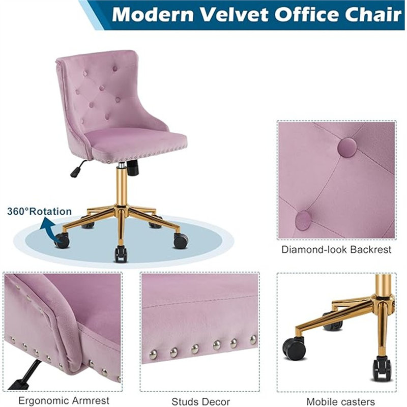 Chaise de bureau VINGLI mauve mauve sans accoudoir avec base / roulettes dorées, petite chaise de coiffeuse / maquillage mignonne avec dossier pour la chambre à coucher, fauteuil à clous pivotant et pivotant rembourré pour femmes / filles