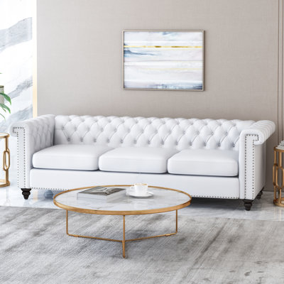Classic Design 3 Seater In White Pu With Soft Fabric, 83"W X 32"D 26"H, Living Room Comfortable 3 - Low , Upholstery, Button Tufting, Nail Head Trim, Pu, 26"H