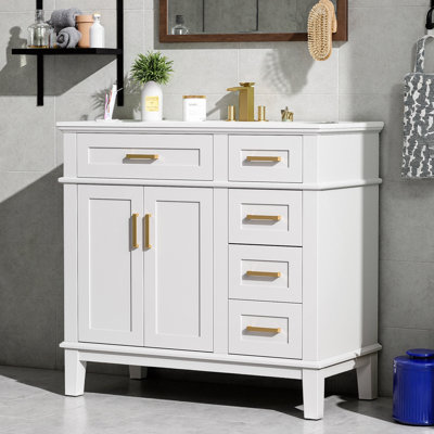 Meuble-lavabo vert clair 36 po avec lavabo en céramique et 4 tiroirs à fermeture en douceur, armoire moderne autoportante avec rangement rabattable, poignées dorées, finition vert sauge, l 36 po x P 18 po