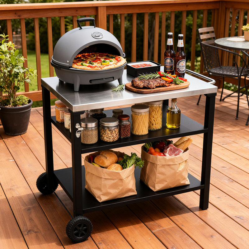 Chariot de barbecue extérieur à 3 niveaux avec surface en acier inoxydable, roues de table de préparation barbecue, barre de service roulante pour patio et cour arrière, support de four à pizza en noir, construction, grand rangement, stable