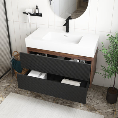 Modern Bathroom 36 Inch Walnut Bathroom Vanity With One-Piece Glossy White Solid Surface Sink And Soft Black Drawers,Wall Mounted Floating Bathroom Vanity