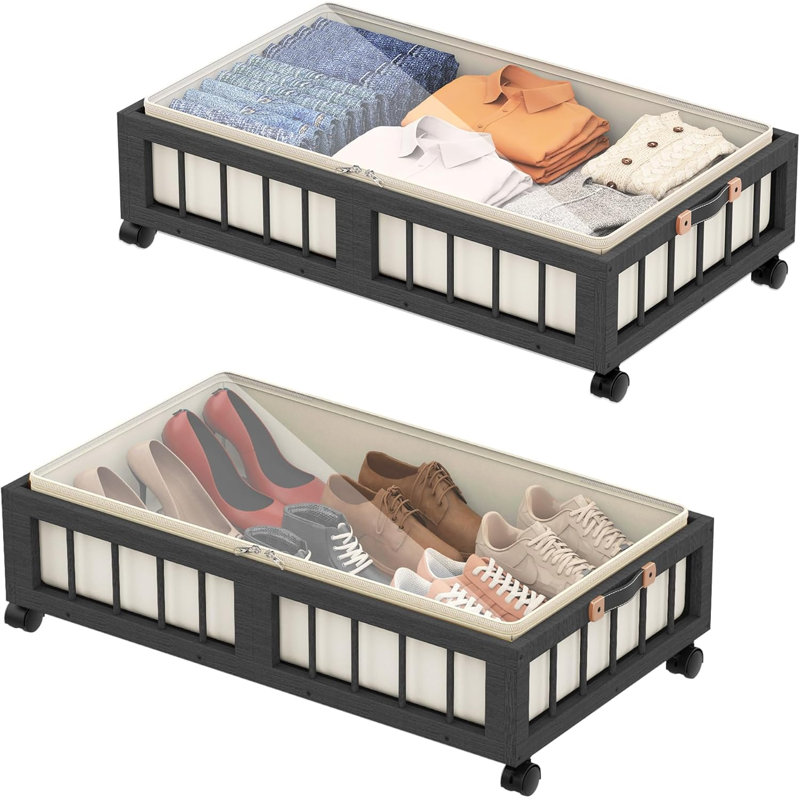 Ensemble de 2 contenants de rangement sous le lit en bambou avec roulettes, panier de rangement sous le lit avec grand sac à poussière, rangement sous le lit pour chambre à coucher, dortoir et sous-sol