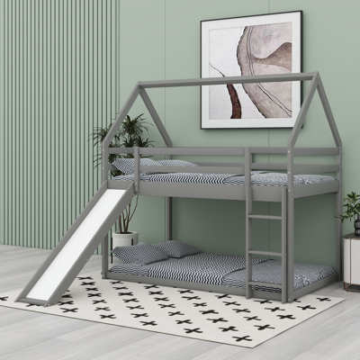 Floor Bunk Bed Frame With Slide, Ladder And Full-Length Guardrails