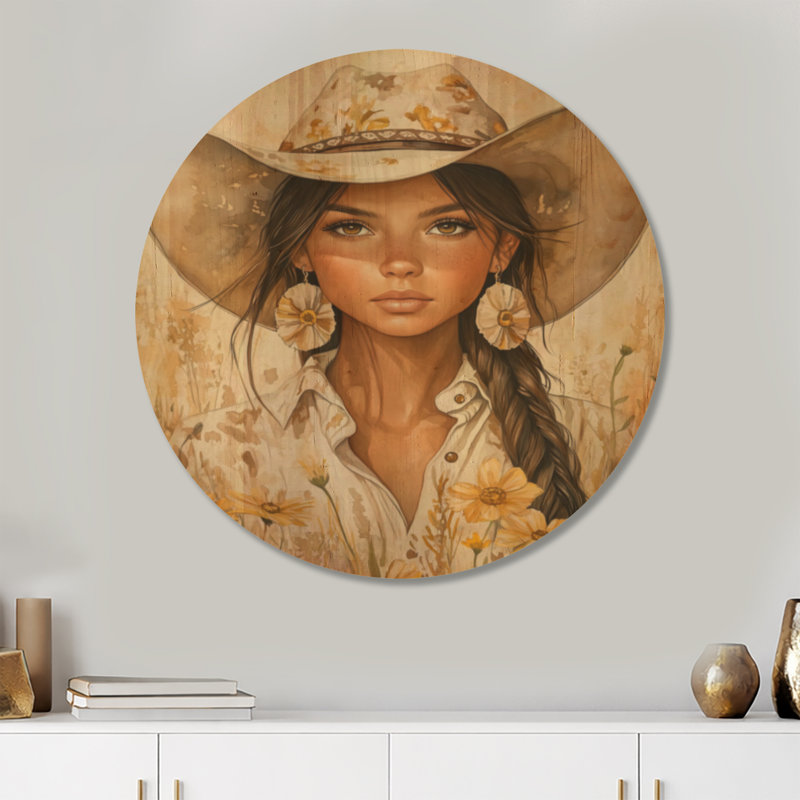 Portrait d'une cowgirl aux fleurs sauvages - Tableau rond pour femme, imprimé sur bois, Rond 36 po, Rond