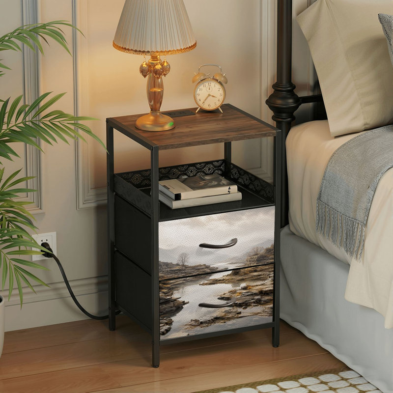 Table de chevet 2 tiroirs avec station de charge, table de chevet pour chambre avec ports USB et amp; Table de chevet noire Outlet