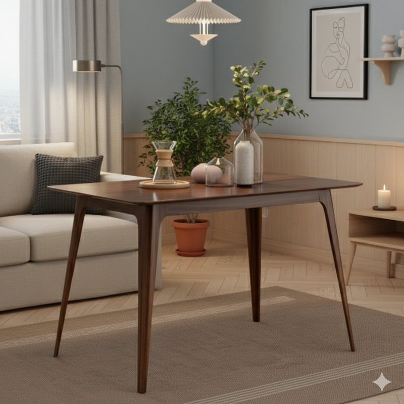 Table de salle à manger avec supports en bois massif, finition noyer