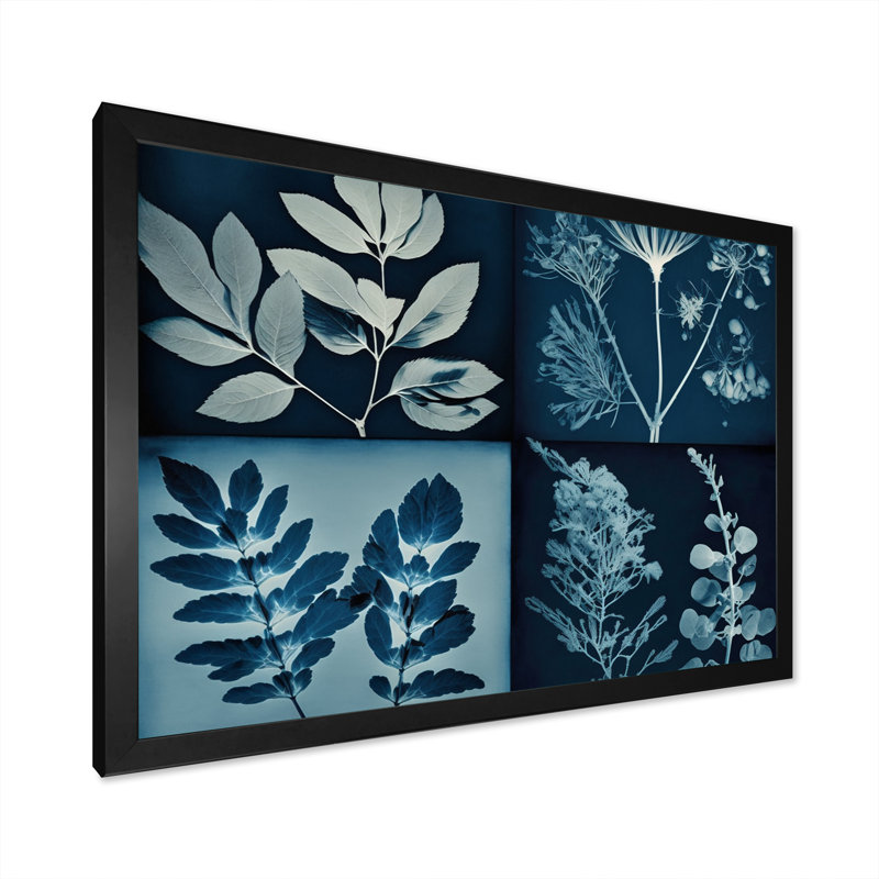 Fleurs sauvages rétro dans les tons de bleu - reproduction sur toile, H 24 po x l 32 po x P 1 po, Cadre photo noir