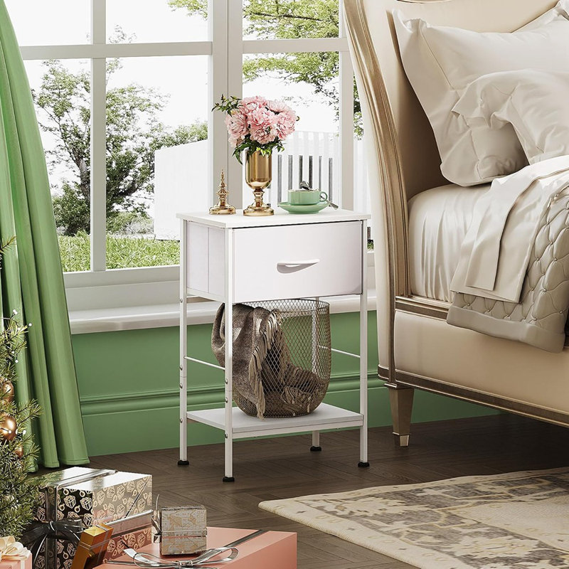 Table de chevet blanche, table de chevet avec tiroir de rangement en tissu et tablette ouverte en bois, petite table de bout, table de chevet pour chambre à coucher, dortoir, assemblage facile, hauteur de 25,03 po