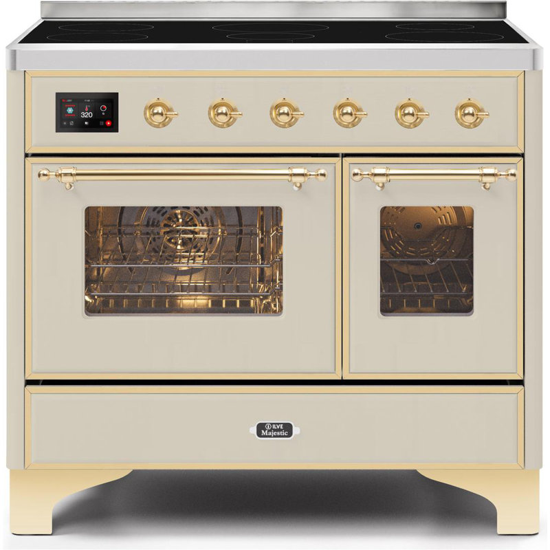 Cuisinière à induction 40 pouces avec 6 éléments à induction ILVE Majestic II Series (porte en verre), Blanc antique / laiton