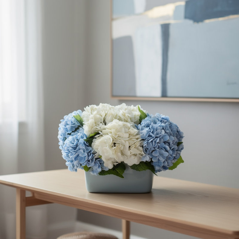Floral Centerpiece with Real Touch Hydrangeas, Blue;White
