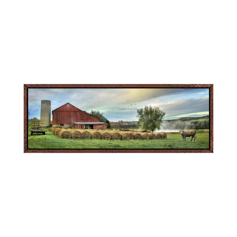 Hay Harvest by Lori Deiter - Panoramic Print on Canvas, 30.48cm H x 91.44cm W x 3.81cm D, Classic Brown Wood Framed