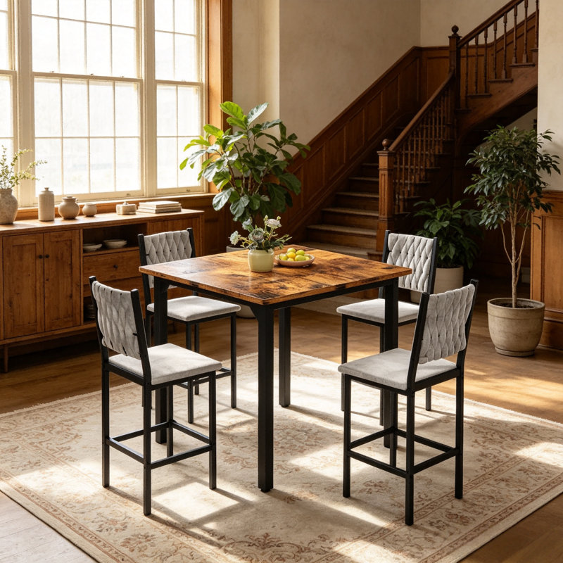 Ensemble de table de salle à manger 5 pièces avec table à hauteur de comptoir et 4 tabourets de bar, ensemble de salle à manger de cuisine moderne en faux marbre avec chaises rembourrées, ensemble de salle à manger compact pour petits espaces, brun