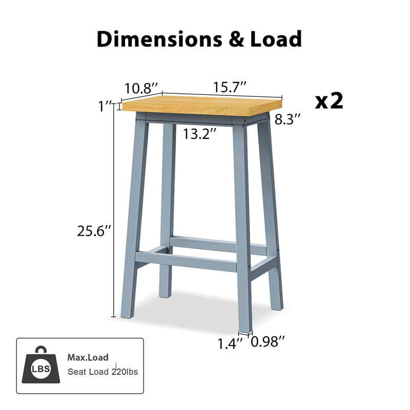 K&K Solid Wood Bar Stools (Not Cheap Iron), 25.6" Tall Set Of 2 Bar Chairs, Kitchen Counter Stools With Footrests, Farmhouse Stools For Dining Room, Kitchen, Counter, Grey Blue