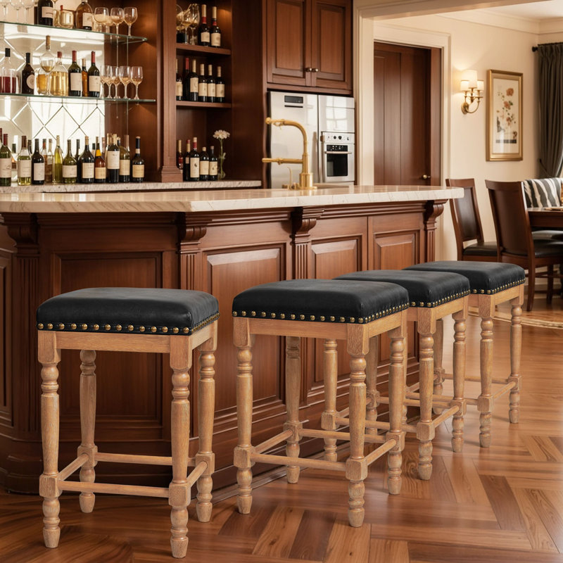Counter Height Bar Stools, Backless Kitchen Counter Stools, Mid Century Modern Upholstered with Solid Wood Frame & Oil Wax Leather for Kitchen Island Dining Room