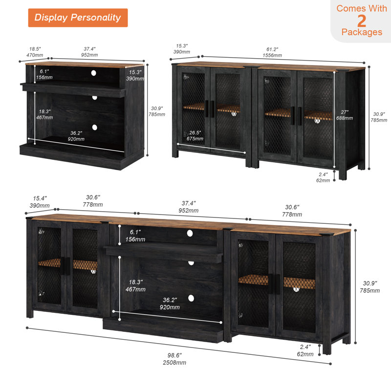 Gracie Oaks 3 In 1 TV Stand Set For 100 Inch TV With Open Storage, Black