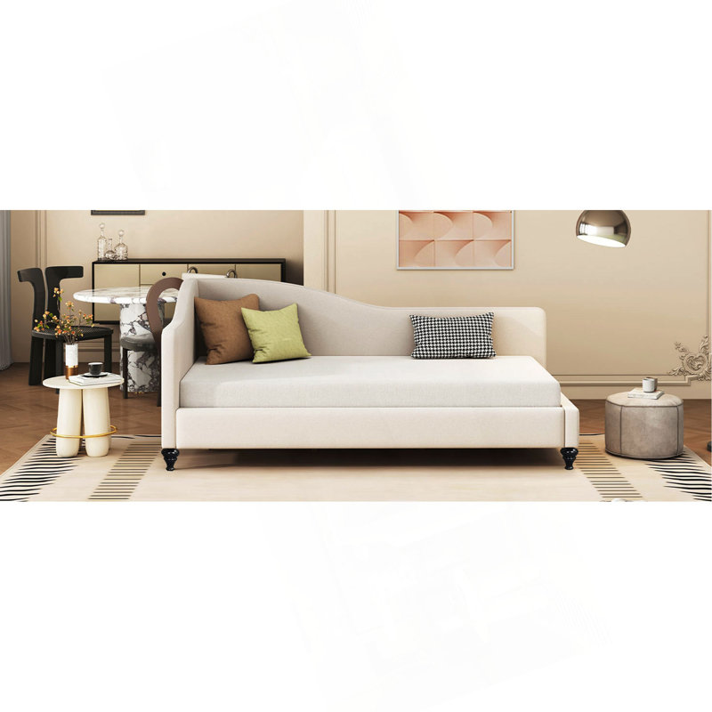 L-Shaped Linen Daybed, With Solid Wood Legs, Beige