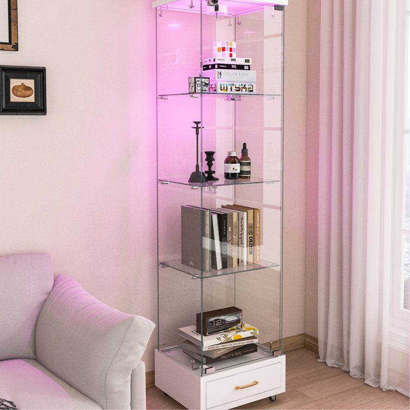 Quick - Assembly Elegant Tempered Glass Display Cabinet With 13 Colour Led And Drawer, 1 Door 4 Shelves For Kitchen, 14.4" W 16.7" D 65.8" H Modern Storage Case Dining Room,