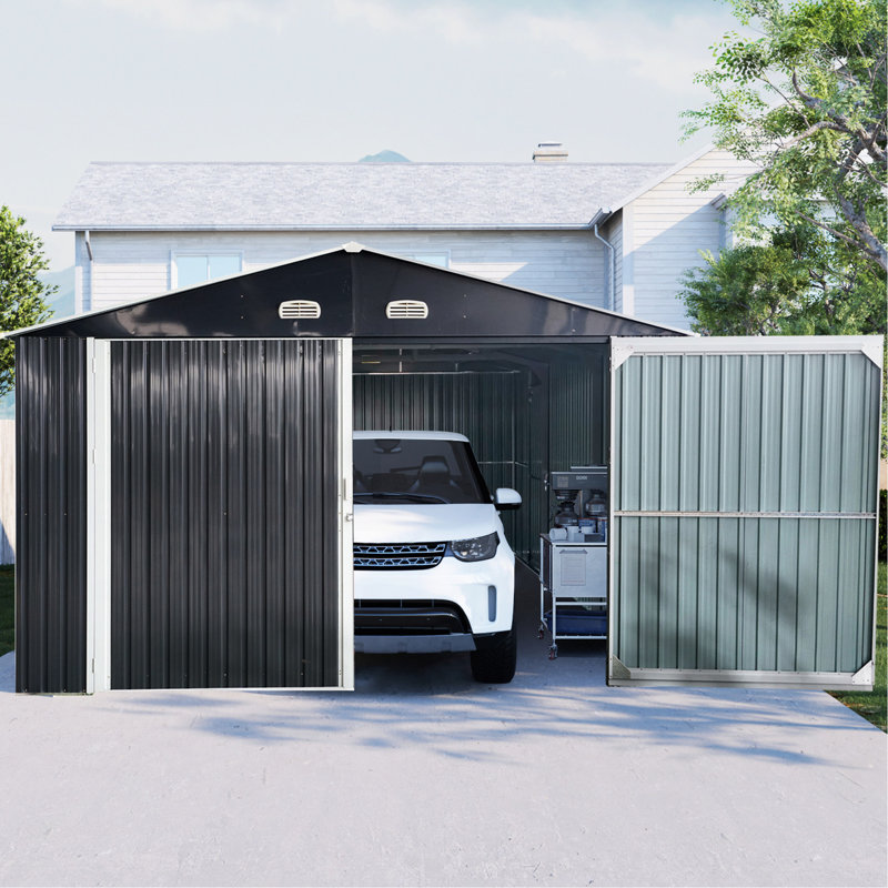 Remise de garage en métal 20 po x 13 pi pour utilisation dans la cour - 4 évents, tondeuse à gazon et bicyclettes de rangement noires