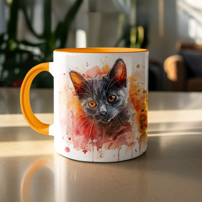 Cat Design 11oz Accent Mug – Ceramic Coffee Cup with Colored Handle and Interior