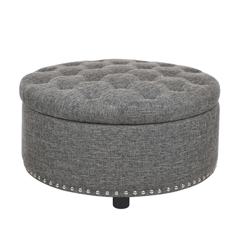 29.9'' Wide Tufted Round Ottoman with Storage, Dark Gray Linen